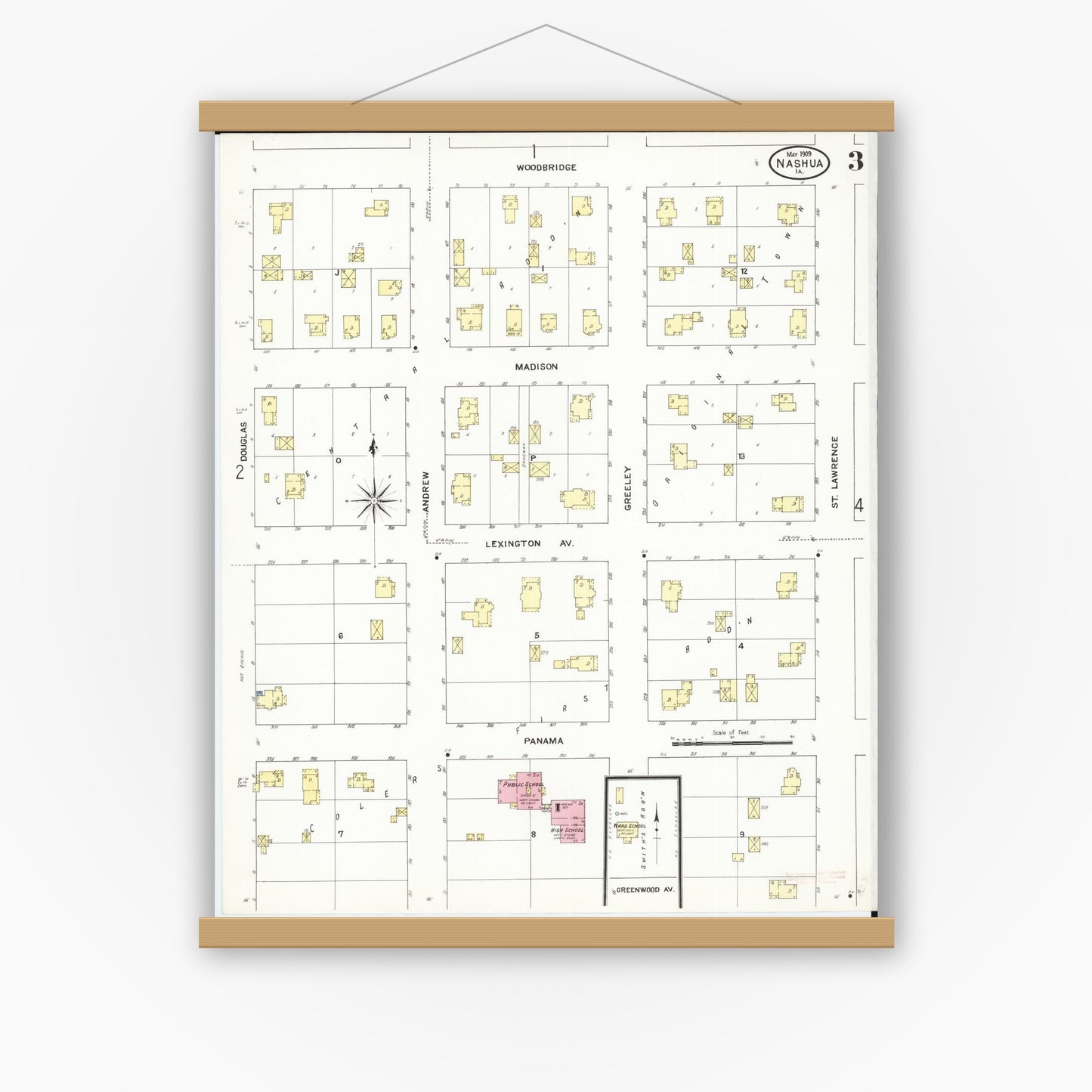 Old map wall art mockup — magnetic wood frame on white wall — Sanborn Fire Insurance Map from Nashua, Chickasaw County, Iowa (1909), Sheet #0003