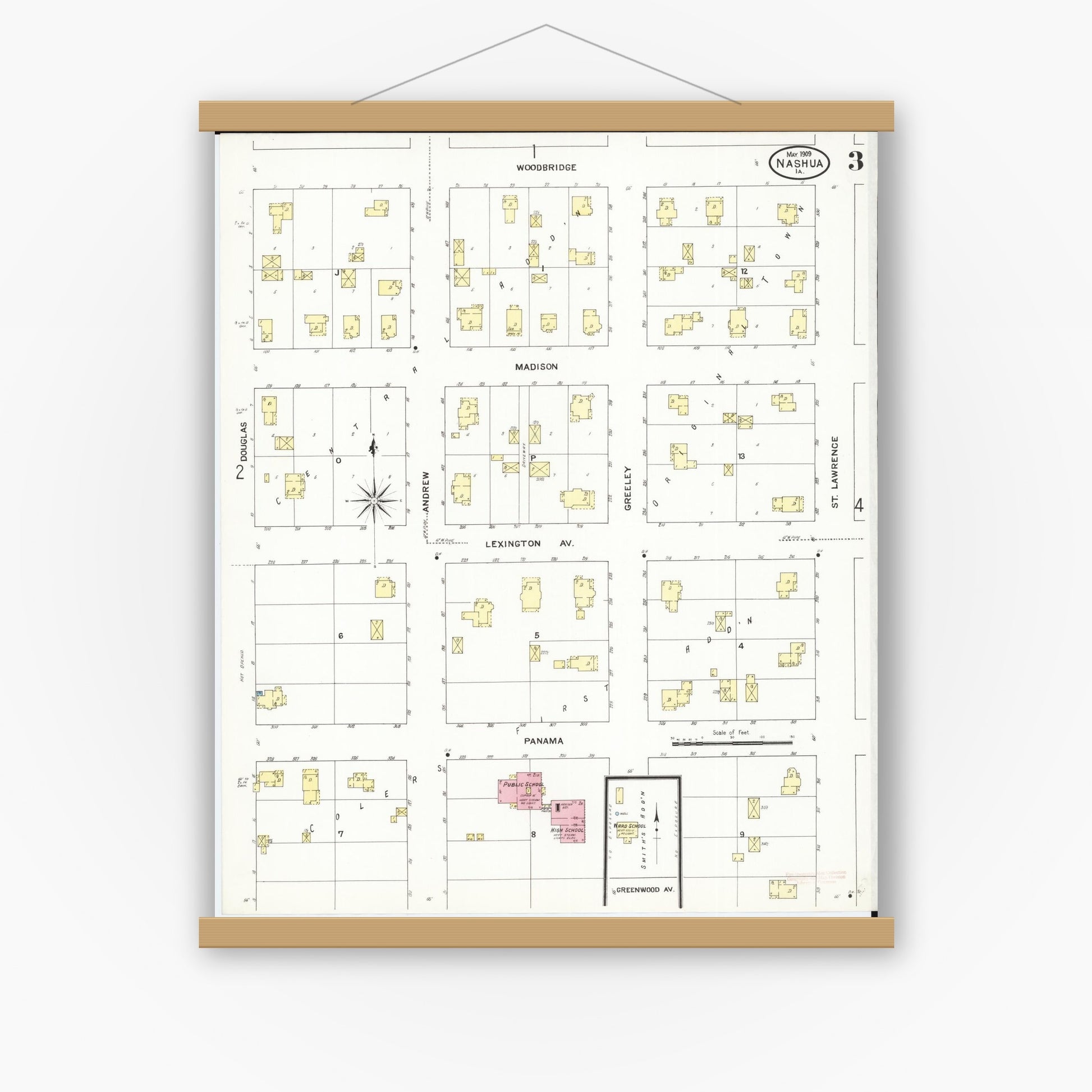 Old map wall art mockup — magnetic wood frame on white wall — Sanborn Fire Insurance Map from Nashua, Chickasaw County, Iowa (1909), Sheet #0003