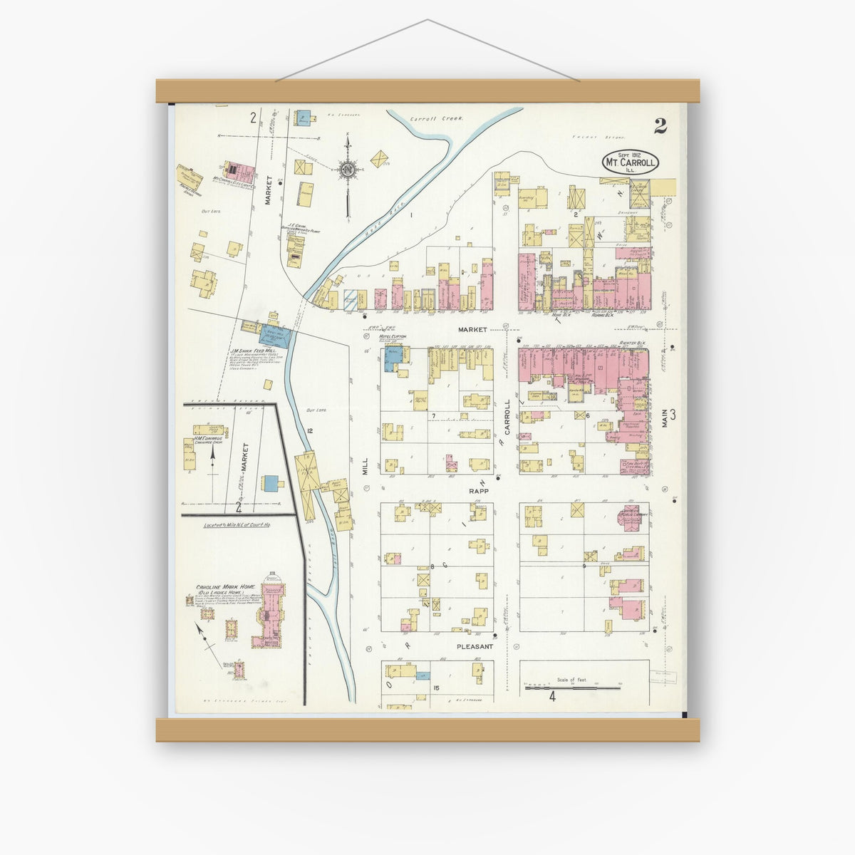 Old map wall art mockup — magnetic wood frame on white wall — Sanborn Fire Insurance Map from Mount Carroll, Carroll County, Illinois (1912), Sheet #0002