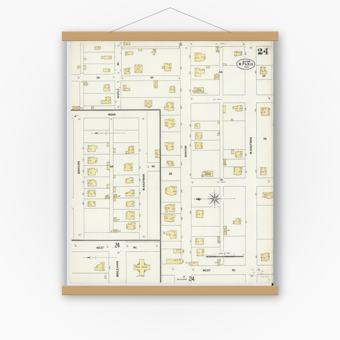 Old map wall art mockup — magnetic wood frame on white wall — Sanborn Fire Insurance Map from Paris, Lamar County, Texas (1902), Sheet #0024