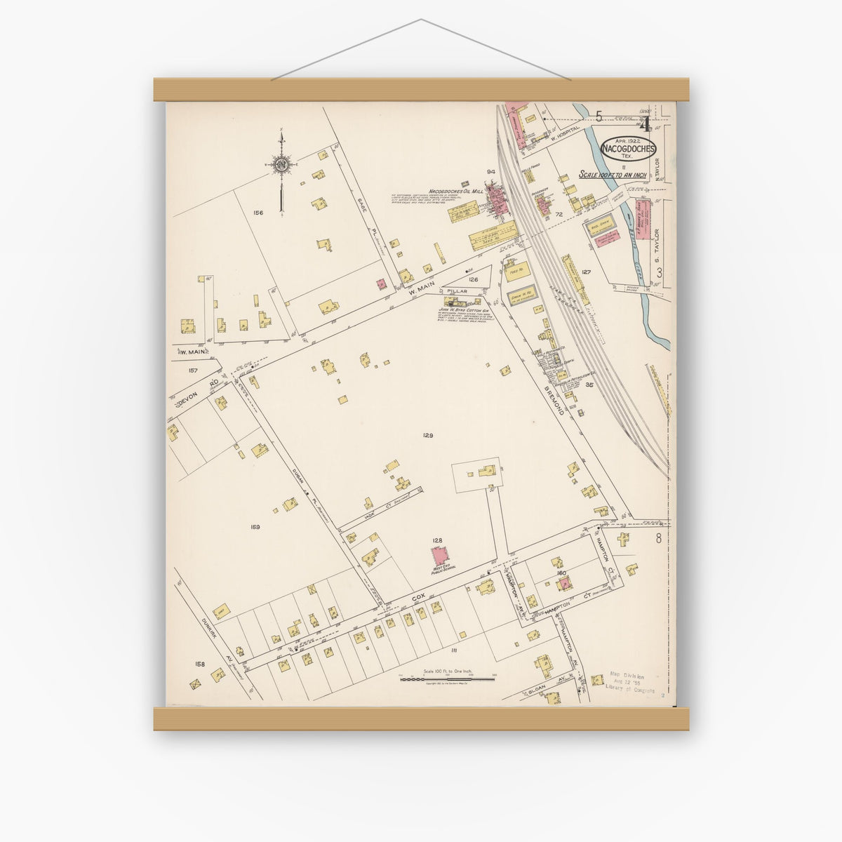 Old map wall art mockup — magnetic wood frame on white wall — Sanborn Fire Insurance Map from Nacogdoches, Nacogdoches County, Texas (1922), Sheet #0004