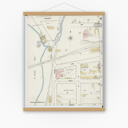 Old map wall art mockup — magnetic wood frame on white wall — Sanborn Fire Insurance Map from Niles, Berrien County, Michigan (1889), Sheet #0004
