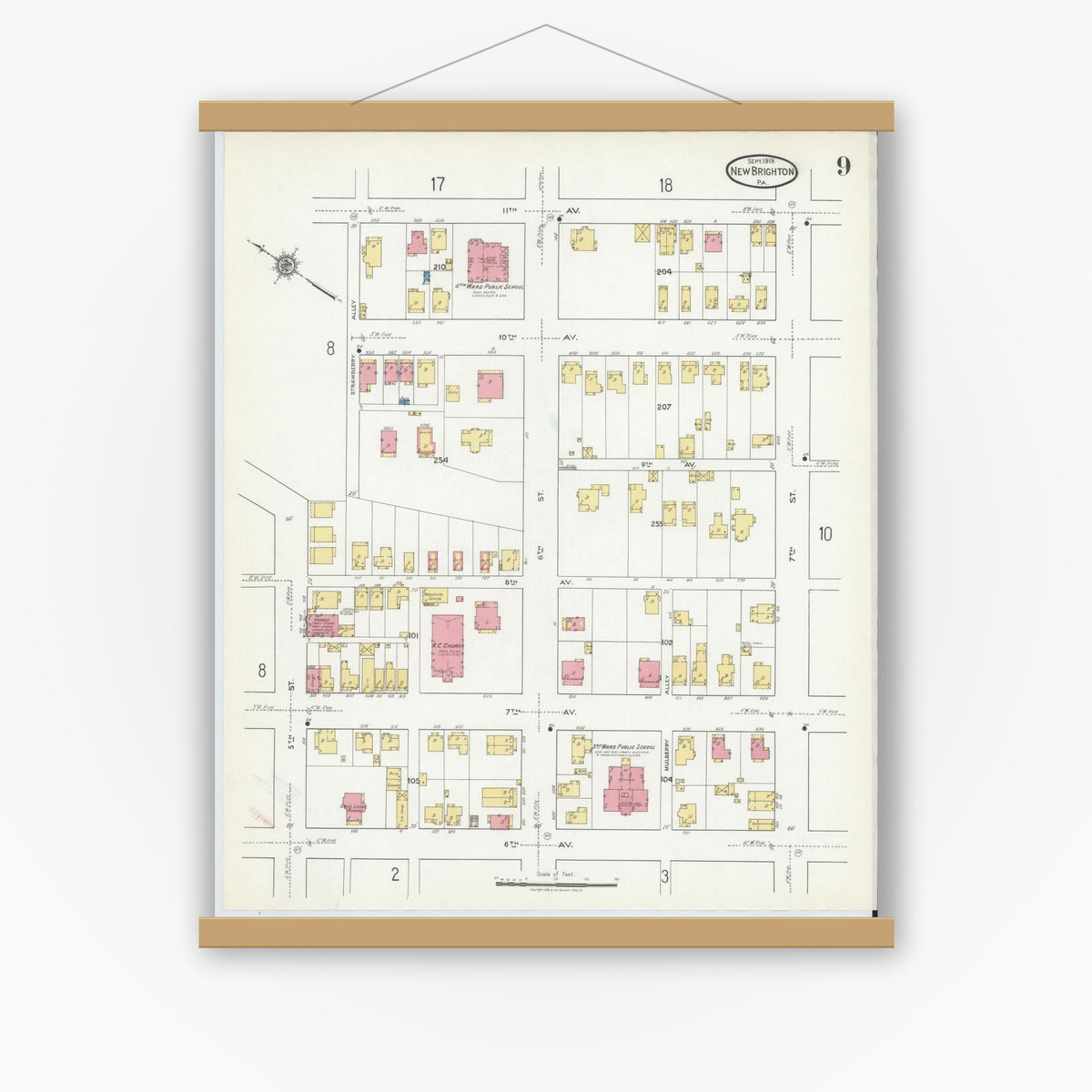 Old map wall art mockup — magnetic wood frame on white wall — Sanborn Fire Insurance Map from New Brighton, Beaver County, Pennsylvania (1918), Sheet #0009