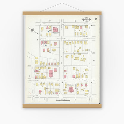Old map wall art mockup — magnetic wood frame on white wall — Sanborn Fire Insurance Map from New Brighton, Beaver County, Pennsylvania (1918), Sheet #0009