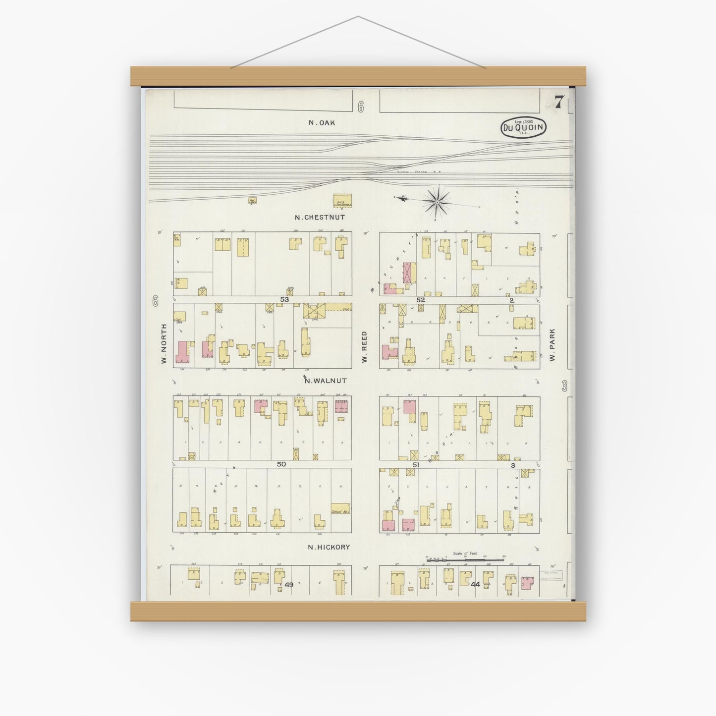 Old map wall art mockup — magnetic wood frame on white wall — Sanborn Fire Insurance Map from Du Quoin, Perry County, Illinois (1894), Sheet #0007