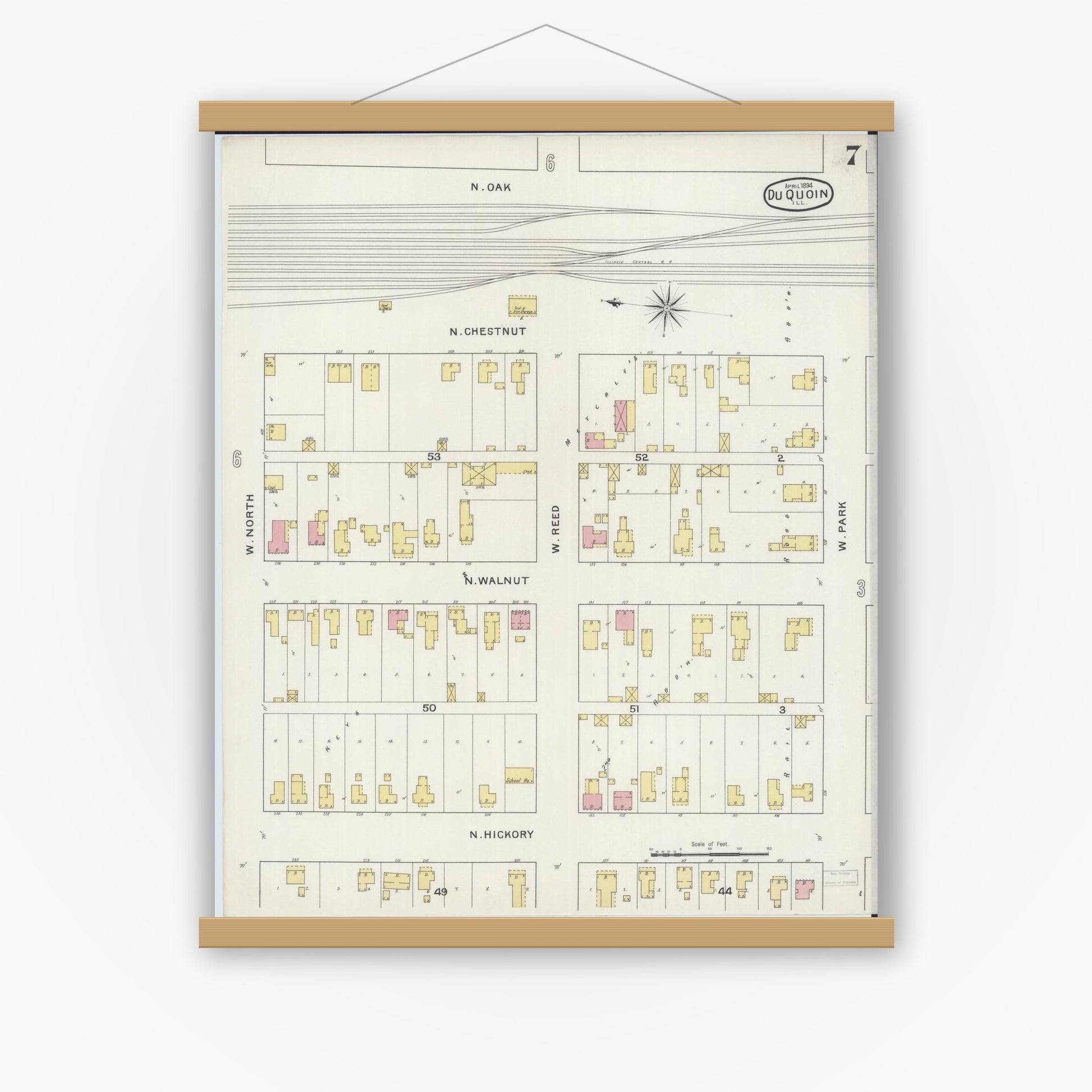 Old map wall art mockup — magnetic wood frame on white wall — Sanborn Fire Insurance Map from Du Quoin, Perry County, Illinois (1894), Sheet #0007