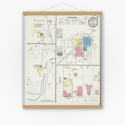 Old map wall art mockup — magnetic wood frame on white wall — Sanborn Fire Insurance Map from Wellington, Lorain County, Ohio (1893), Sheet #0001