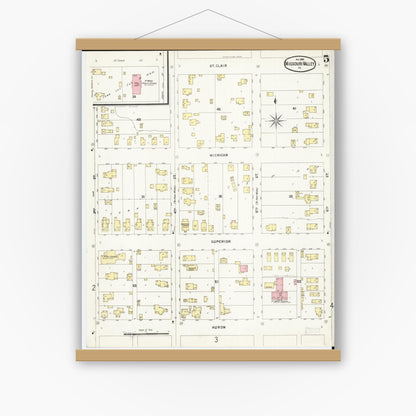 Old map wall art mockup — magnetic wood frame on white wall — Sanborn Fire Insurance Map from Missouri Valley, Harrison County, Iowa (1896), Sheet #0005