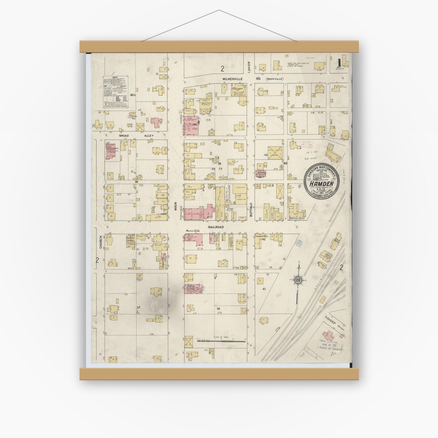 Old map wall art mockup — magnetic wood frame on white wall — Sanborn Fire Insurance Map from Hamden, Vinton County, Ohio (1911), Sheet #0001