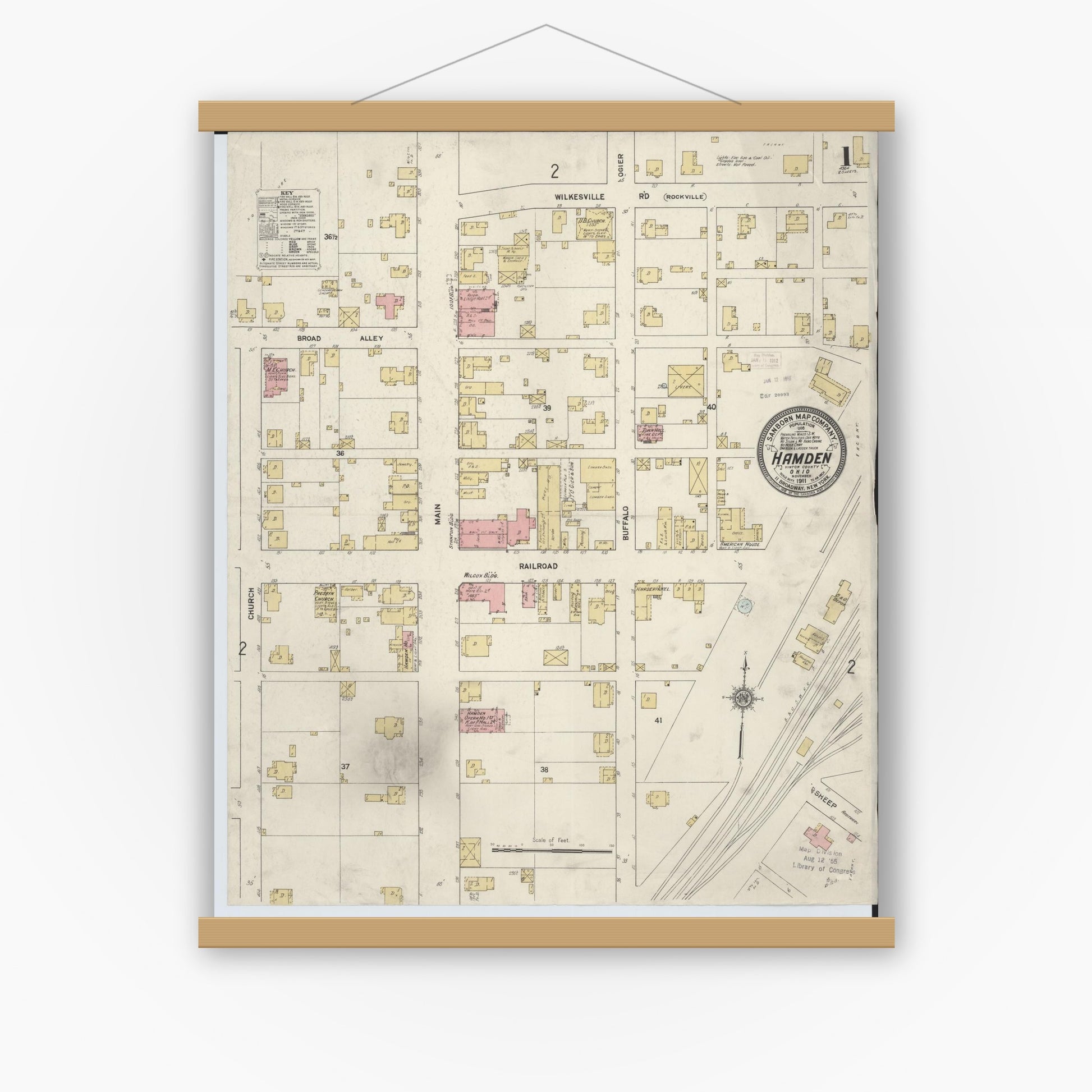 Old map wall art mockup — magnetic wood frame on white wall — Sanborn Fire Insurance Map from Hamden, Vinton County, Ohio (1911), Sheet #0001
