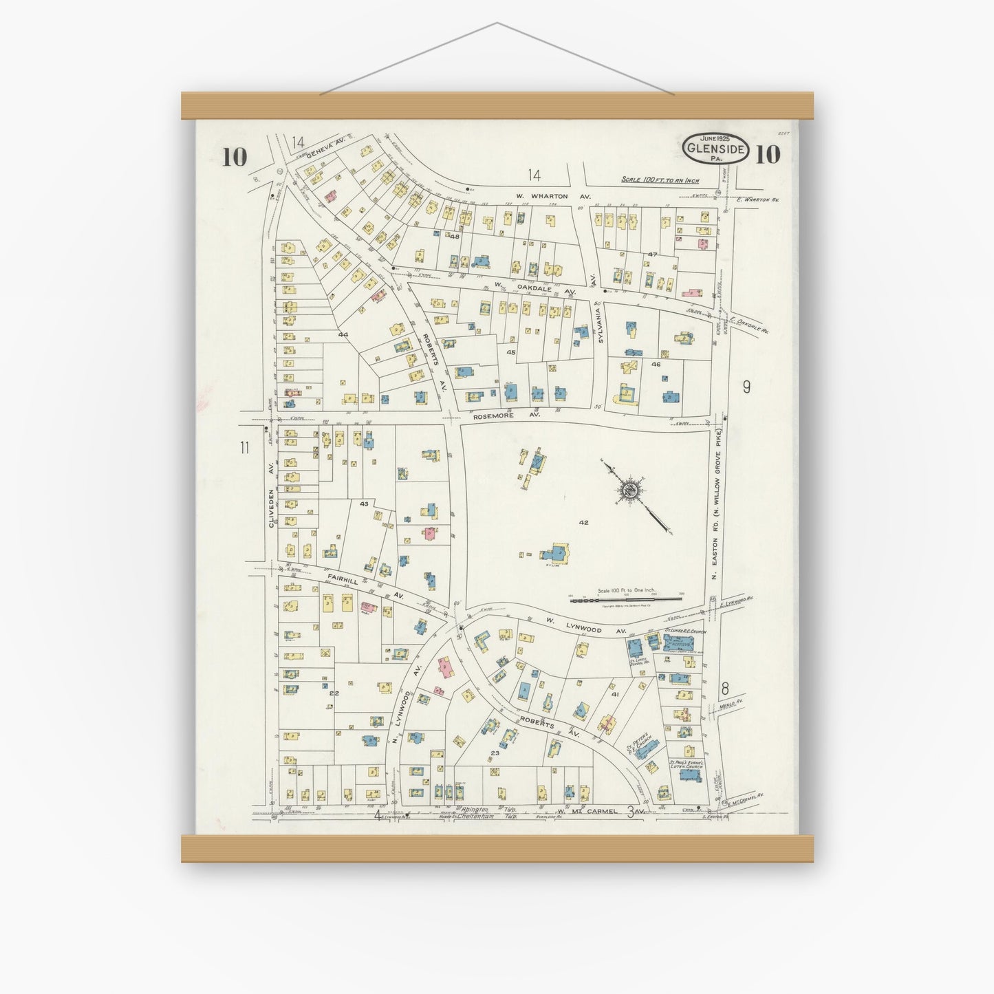 Old map wall art mockup — magnetic wood frame on white wall — Sanborn Fire Insurance Map from Glenside, Montgomery County, Pennsylvania (1925), Sheet #0010