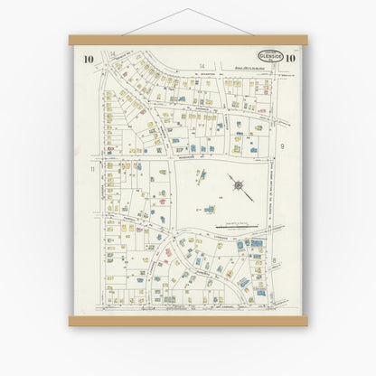 Old map wall art mockup — magnetic wood frame on white wall — Sanborn Fire Insurance Map from Glenside, Montgomery County, Pennsylvania (1925), Sheet #0010