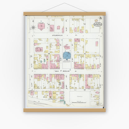 Old map wall art mockup — magnetic wood frame on white wall — Sanborn Fire Insurance Map from Cambridge, Guernsey County, Ohio (1892), Sheet #0005