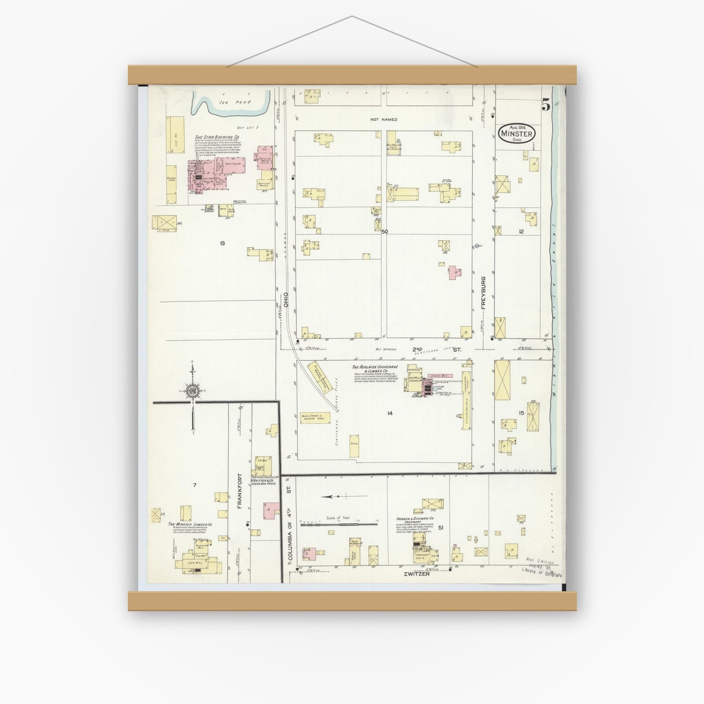 Old map wall art mockup — magnetic wood frame on white wall — Sanborn Fire Insurance Map from Minster, Auglaize County, Ohio (1914), Sheet #0005
