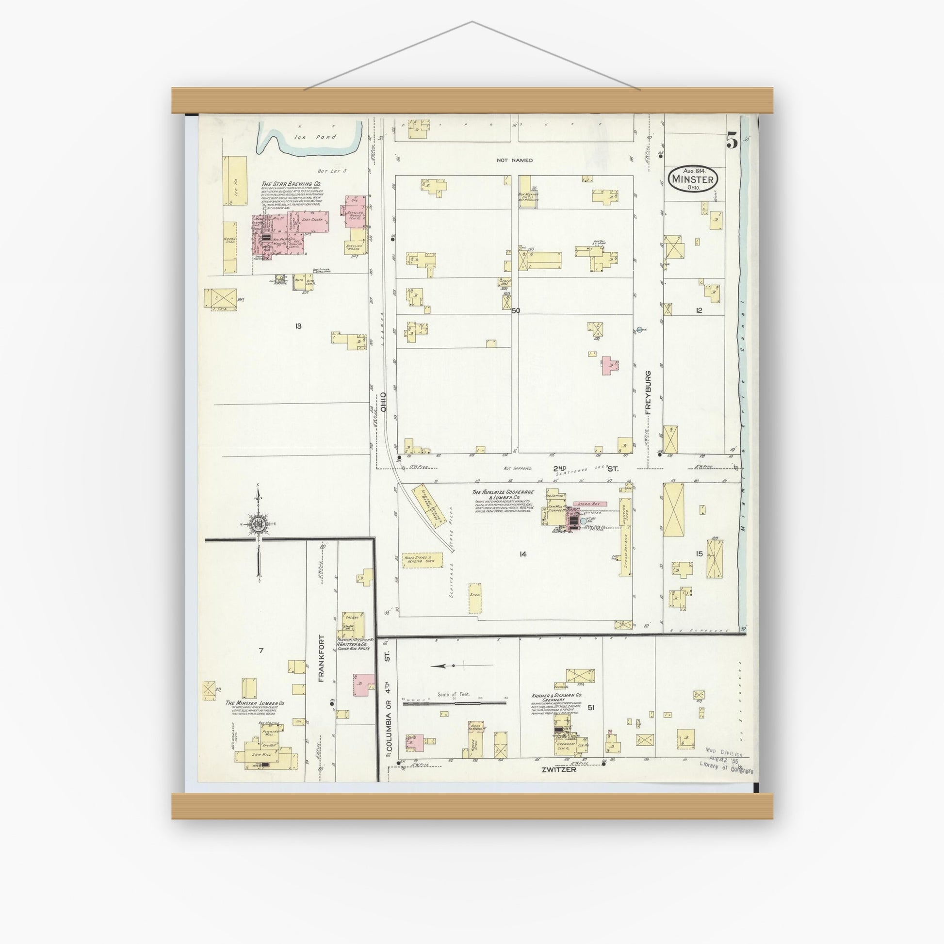 Old map wall art mockup — magnetic wood frame on white wall — Sanborn Fire Insurance Map from Minster, Auglaize County, Ohio (1914), Sheet #0005