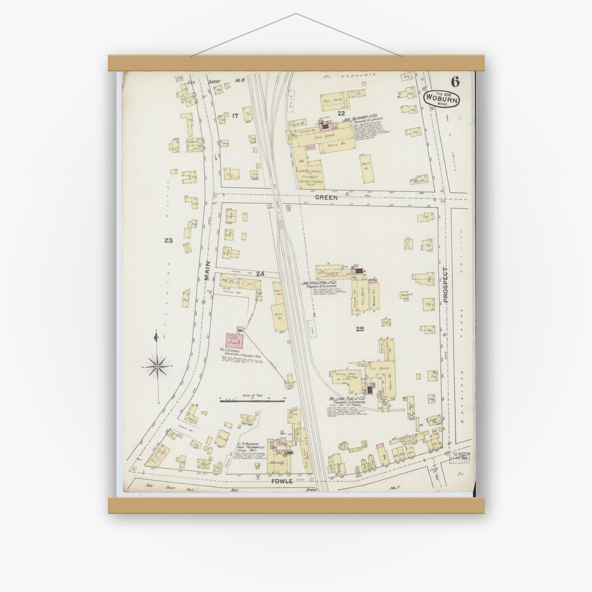 Old map wall art mockup — magnetic wood frame on white wall — Sanborn Fire Insurance Map from Woburn, Middlesex County, Massachusetts (1888), Sheet #0006