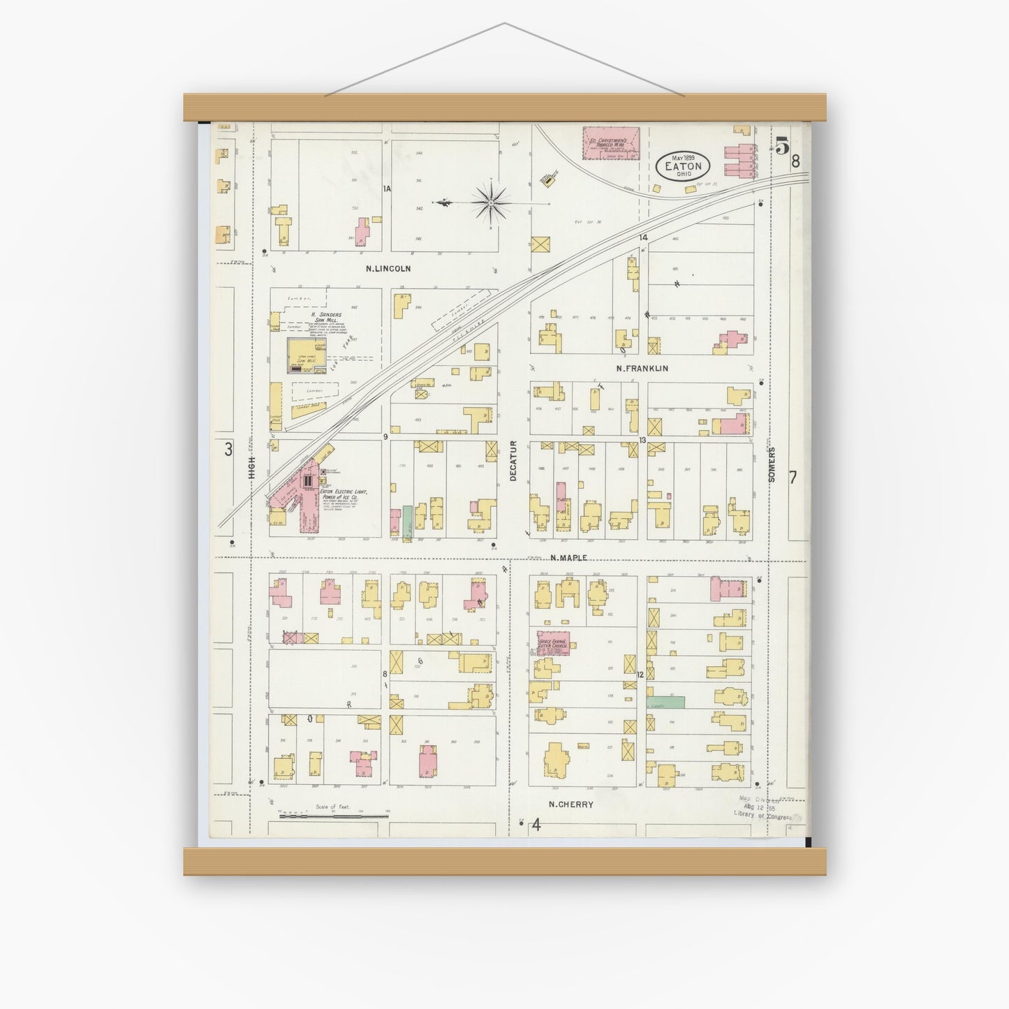 Old map wall art mockup — magnetic wood frame on white wall — Sanborn Fire Insurance Map from Eaton, Preble County, Ohio (1899), Sheet #0005