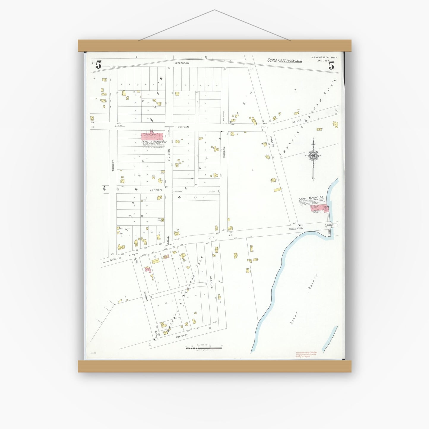 Old map wall art mockup — magnetic wood frame on white wall — Sanborn Fire Insurance Map from Manchester, Washtenaw County, Michigan (1941), Sheet #0005