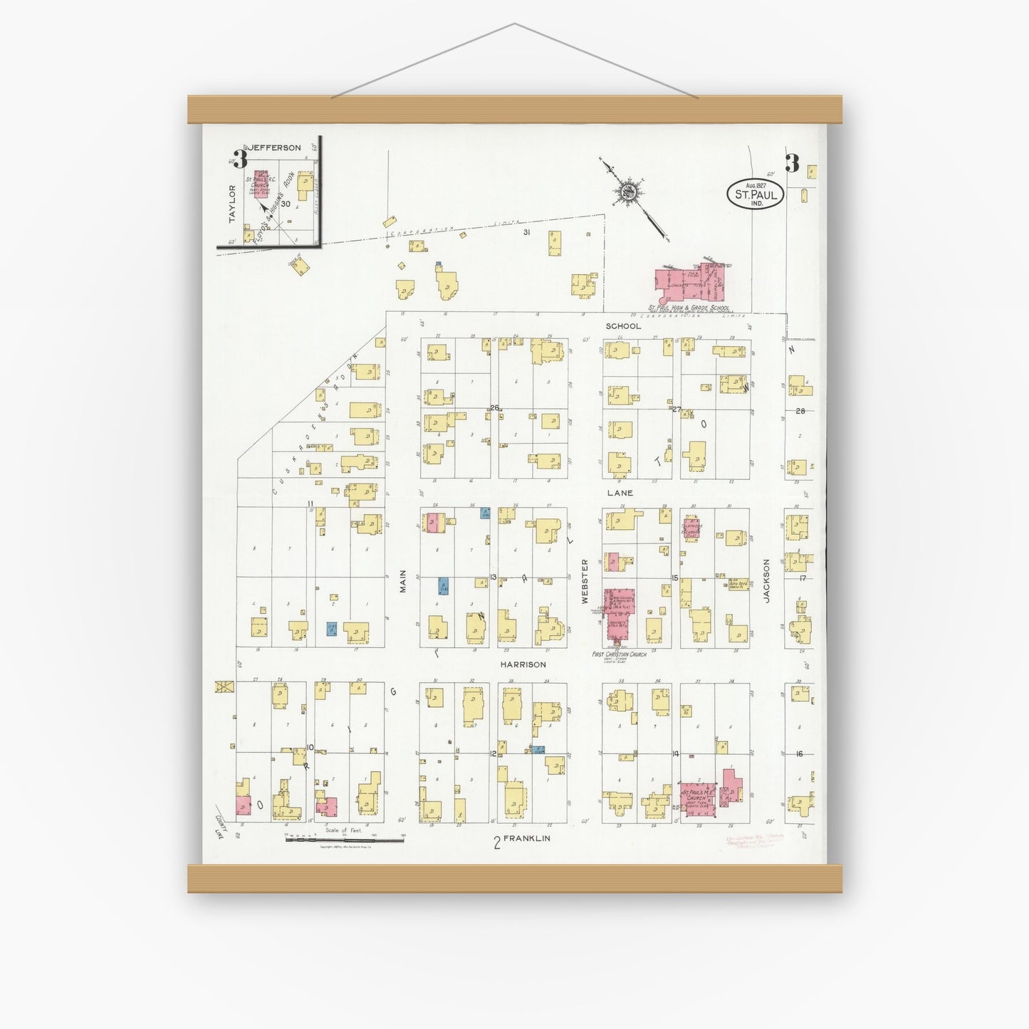 Old map wall art mockup — magnetic wood frame on white wall — Sanborn Fire Insurance Map from Saint Paul, Shelby And Decatur Counties, Indiana (1927), Sheet #0003