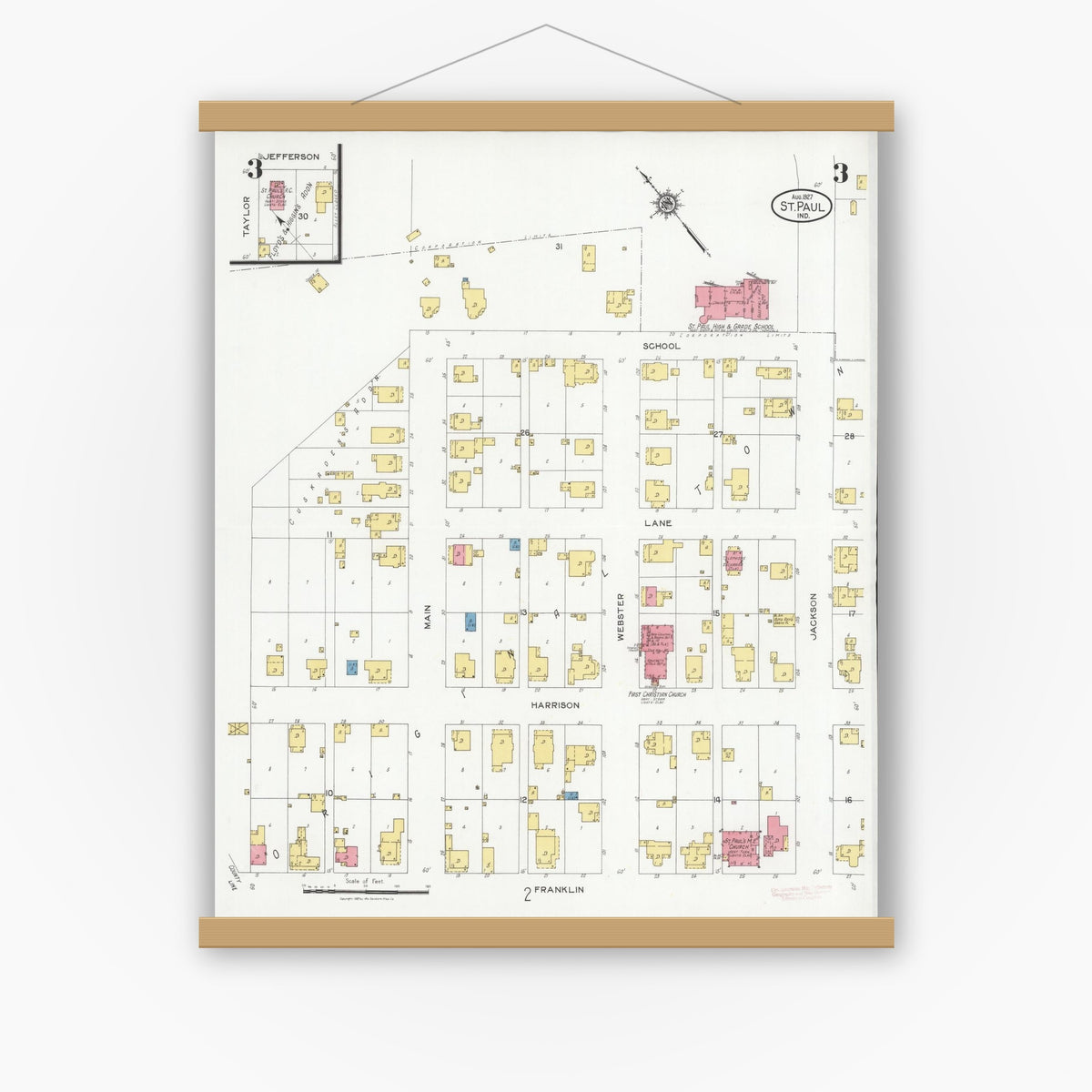 Old map wall art mockup — magnetic wood frame on white wall — Sanborn Fire Insurance Map from Saint Paul, Shelby And Decatur Counties, Indiana (1927), Sheet #0003