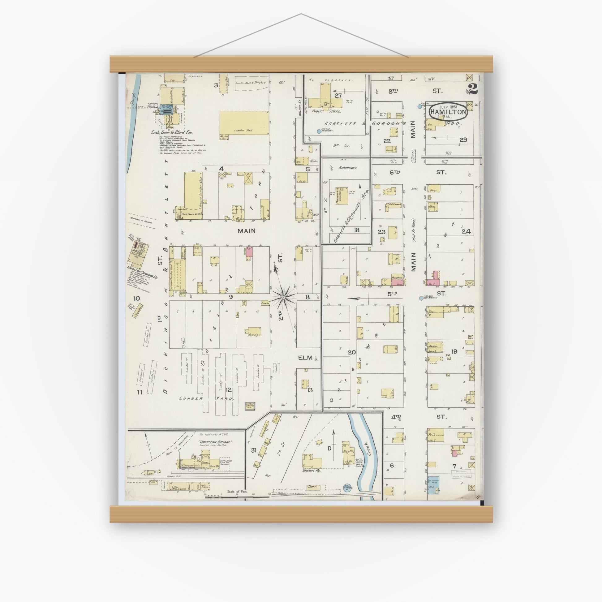 Old map wall art mockup — magnetic wood frame on white wall — Sanborn Fire Insurance Map from Hamilton, Hancock County, Illinois (1893), Sheet #0002