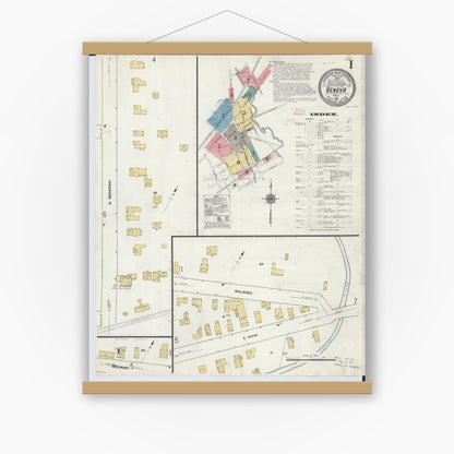 Old map wall art mockup — magnetic wood frame on white wall — Sanborn Fire Insurance Map from Geneva, Ashtabula County, Ohio (1911), Sheet #0001