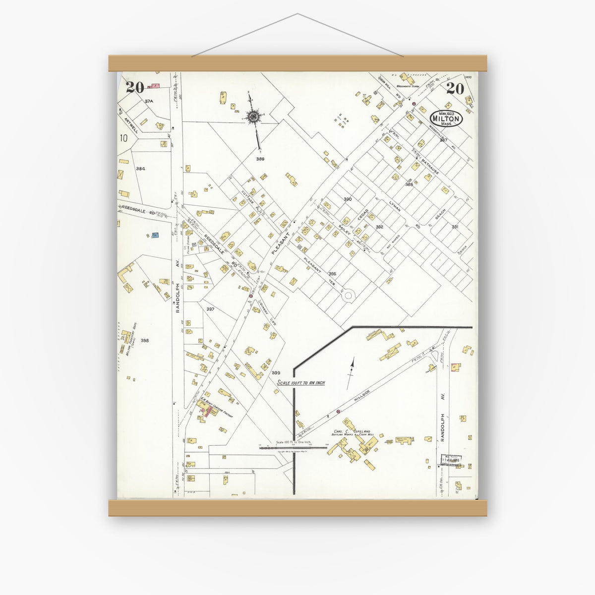 Old map wall art mockup — magnetic wood frame on white wall — Sanborn Fire Insurance Map from Milton, Norfolk County, Massachusetts (1923), Sheet #0020