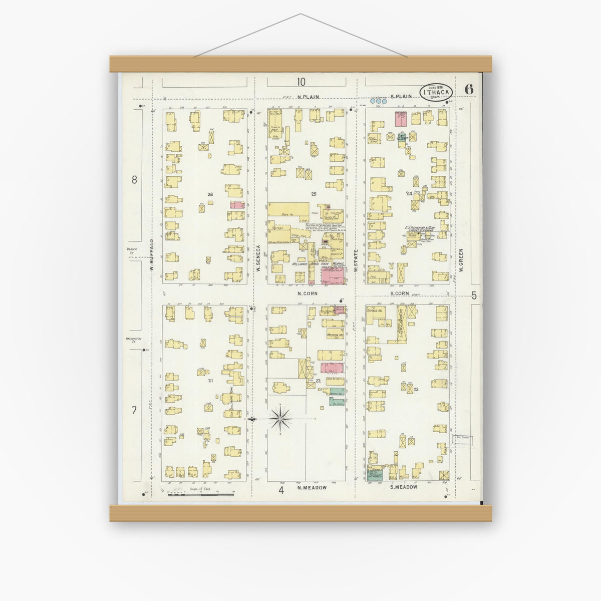 Old map wall art mockup — magnetic wood frame on white wall — Sanborn Fire Insurance Map from Ithaca, Tompkins County, New York (1898), Sheet #0006