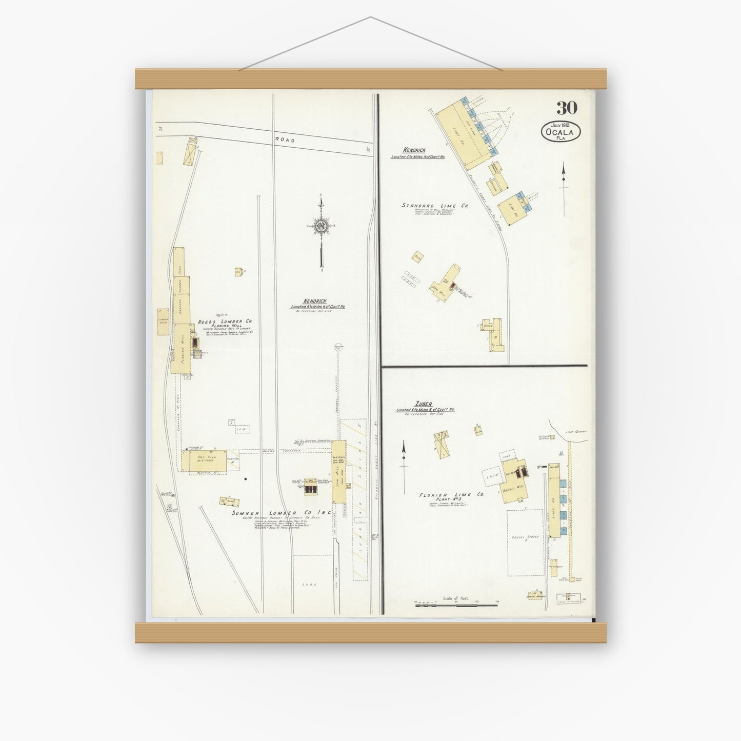 Old map wall art mockup — magnetic wood frame on white wall — Sanborn Fire Insurance Map from Ocala, Marion County, Florida (1912), Sheet #0030