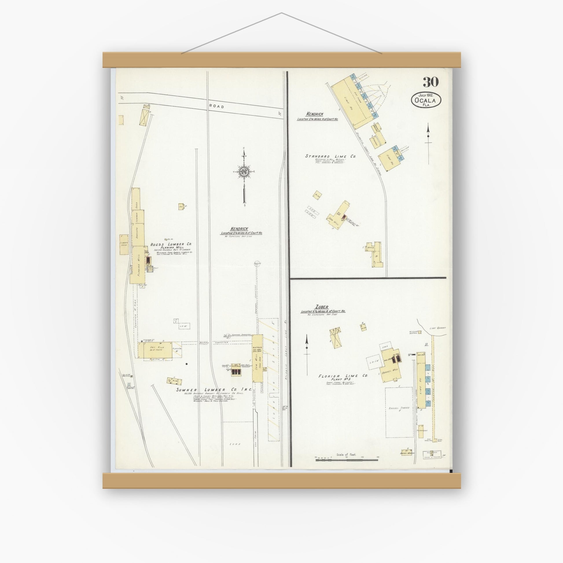 Old map wall art mockup — magnetic wood frame on white wall — Sanborn Fire Insurance Map from Ocala, Marion County, Florida (1912), Sheet #0030