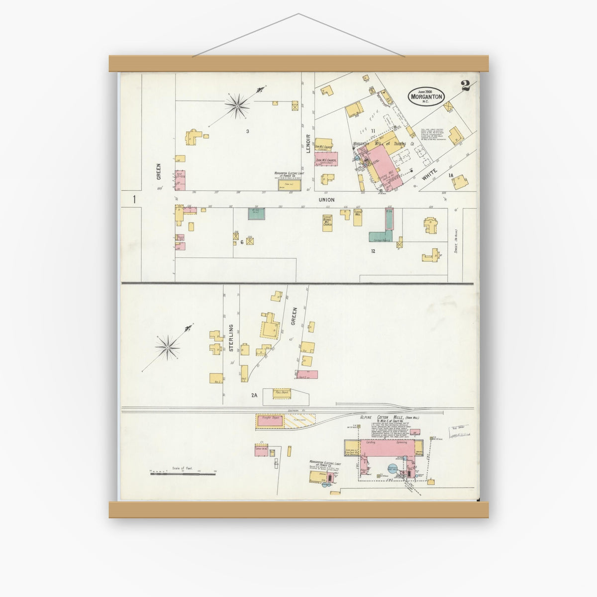 Old map wall art mockup — magnetic wood frame on white wall — Sanborn Fire Insurance Map from Morganton, Burke County, North Carolina (1900), Sheet #0002