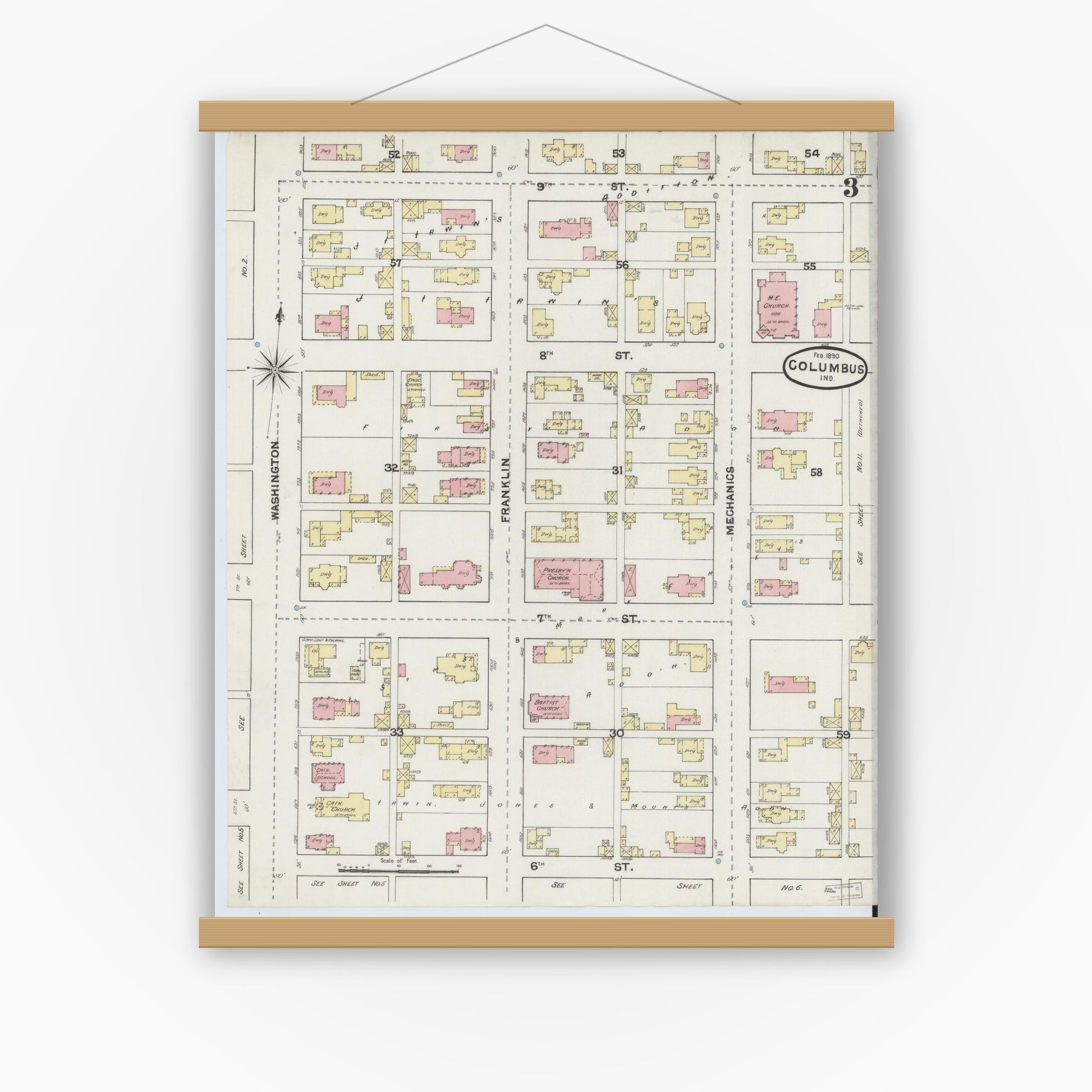 Old map wall art mockup — magnetic wood frame on white wall — Sanborn Fire Insurance Map from Columbus, Bartholomew County, Indiana (1890), Sheet #0003