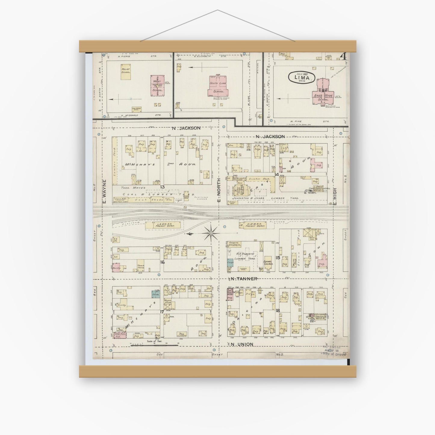 Old map wall art mockup — magnetic wood frame on white wall — Sanborn Fire Insurance Map from Lima, Allen County, Ohio (1887), Sheet #0004