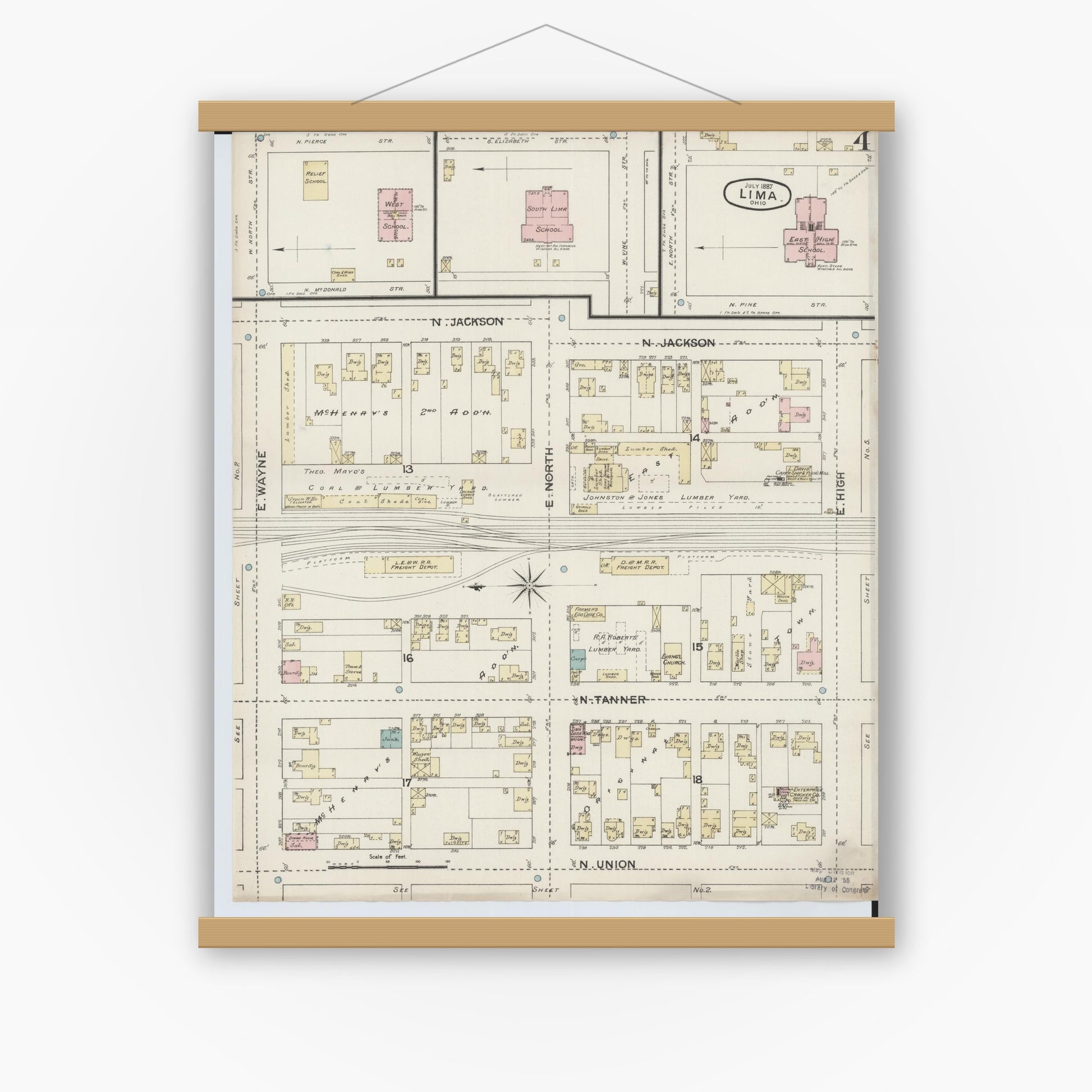 Old map wall art mockup — magnetic wood frame on white wall — Sanborn Fire Insurance Map from Lima, Allen County, Ohio (1887), Sheet #0004