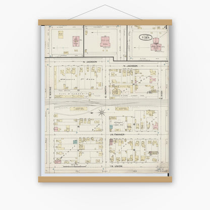 Old map wall art mockup — magnetic wood frame on white wall — Sanborn Fire Insurance Map from Lima, Allen County, Ohio (1887), Sheet #0004
