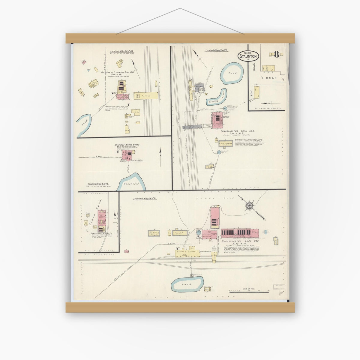 Old map wall art mockup — magnetic wood frame on white wall — Sanborn Fire Insurance Map from Staunton, Macoupin County, Illinois (1913), Sheet #0008