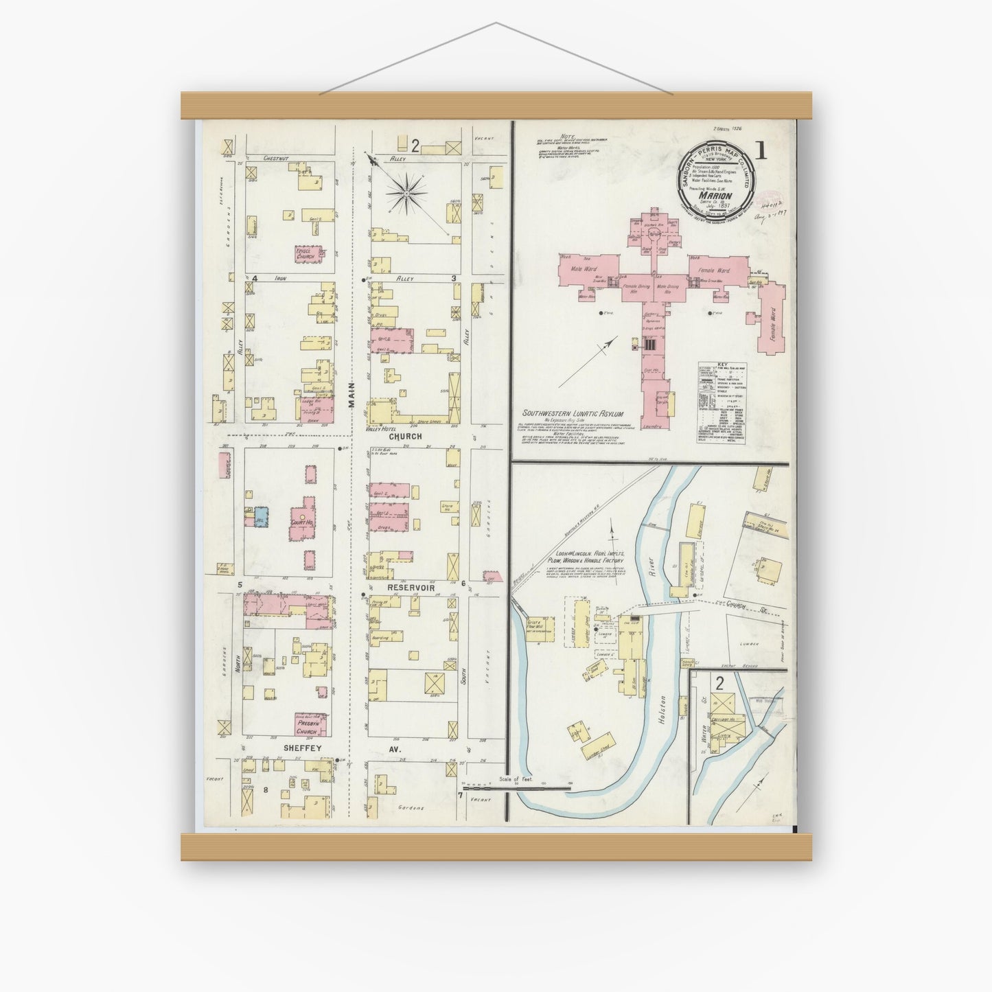 Old map wall art mockup — magnetic wood frame on white wall — Sanborn Fire Insurance Map from Marion, Smyth County, Virginia (1897) - Complete Map Set