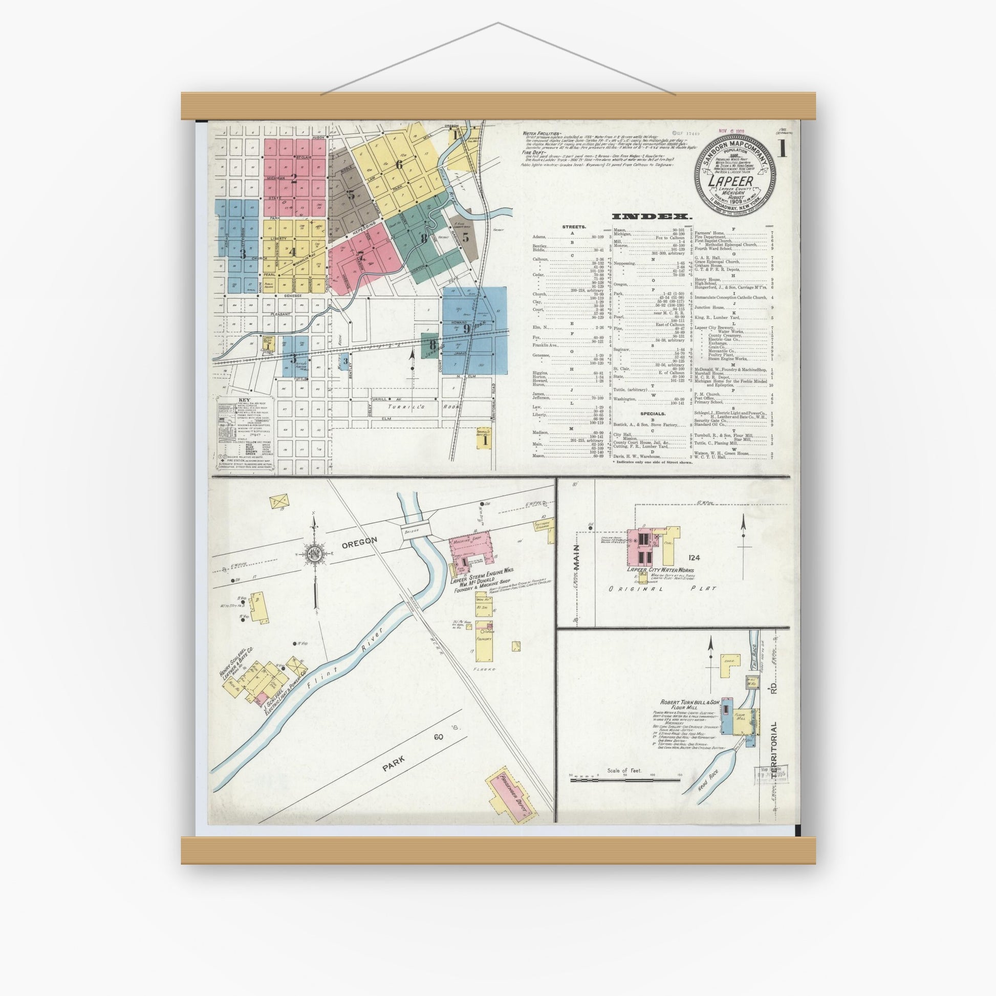 Old map wall art mockup — magnetic wood frame on white wall — Sanborn Fire Insurance Map from Lapeer, Lapeer County, Michigan (1909) - Complete Map Set