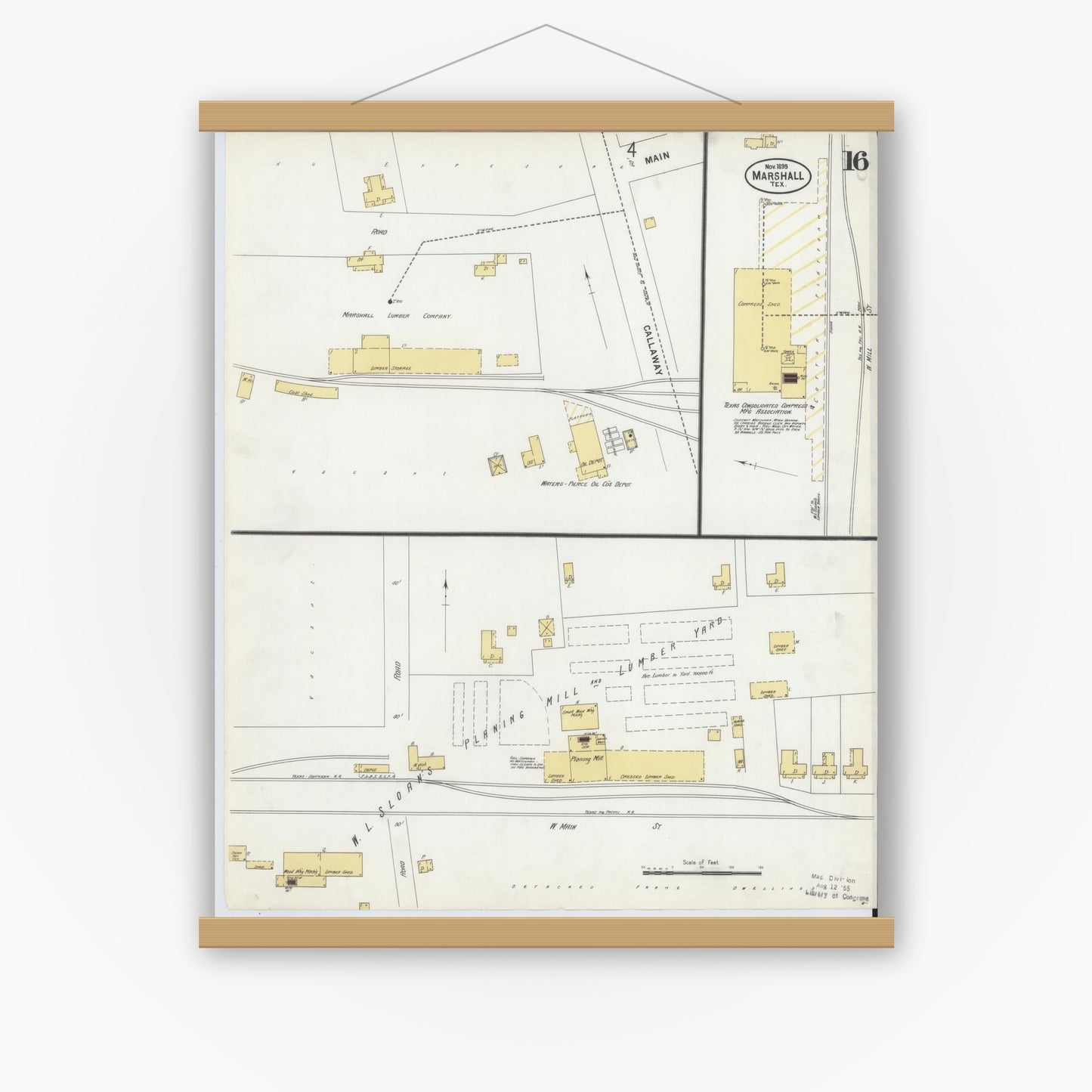 Old map wall art mockup — magnetic wood frame on white wall — Sanborn Fire Insurance Map from Marshall, Harrison County, Texas (1899), Sheet #0016