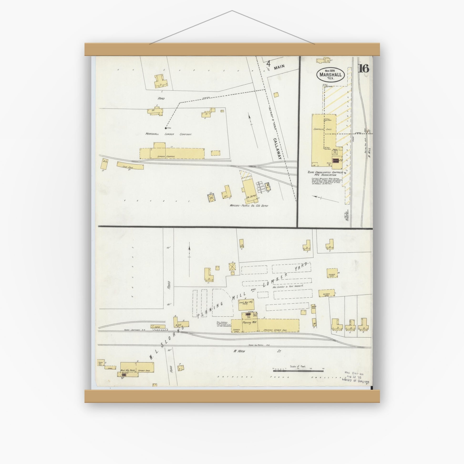 Old map wall art mockup — magnetic wood frame on white wall — Sanborn Fire Insurance Map from Marshall, Harrison County, Texas (1899), Sheet #0016