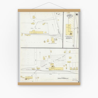 Old map wall art mockup — magnetic wood frame on white wall — Sanborn Fire Insurance Map from Marshall, Harrison County, Texas (1899), Sheet #0016