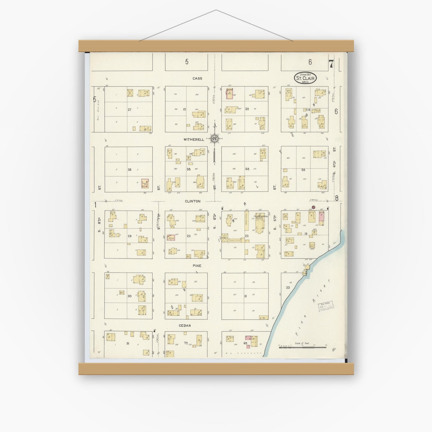 Old map wall art mockup — magnetic wood frame on white wall — Sanborn Fire Insurance Map from Saint Clair, Saint Clair County, Michigan (1913), Sheet #0007