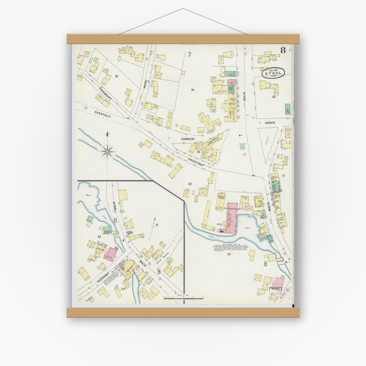 Old map wall art mockup — magnetic wood frame on white wall — Sanborn Fire Insurance Map from Athol, Worcester County, Massachusetts (1896), Sheet #0008