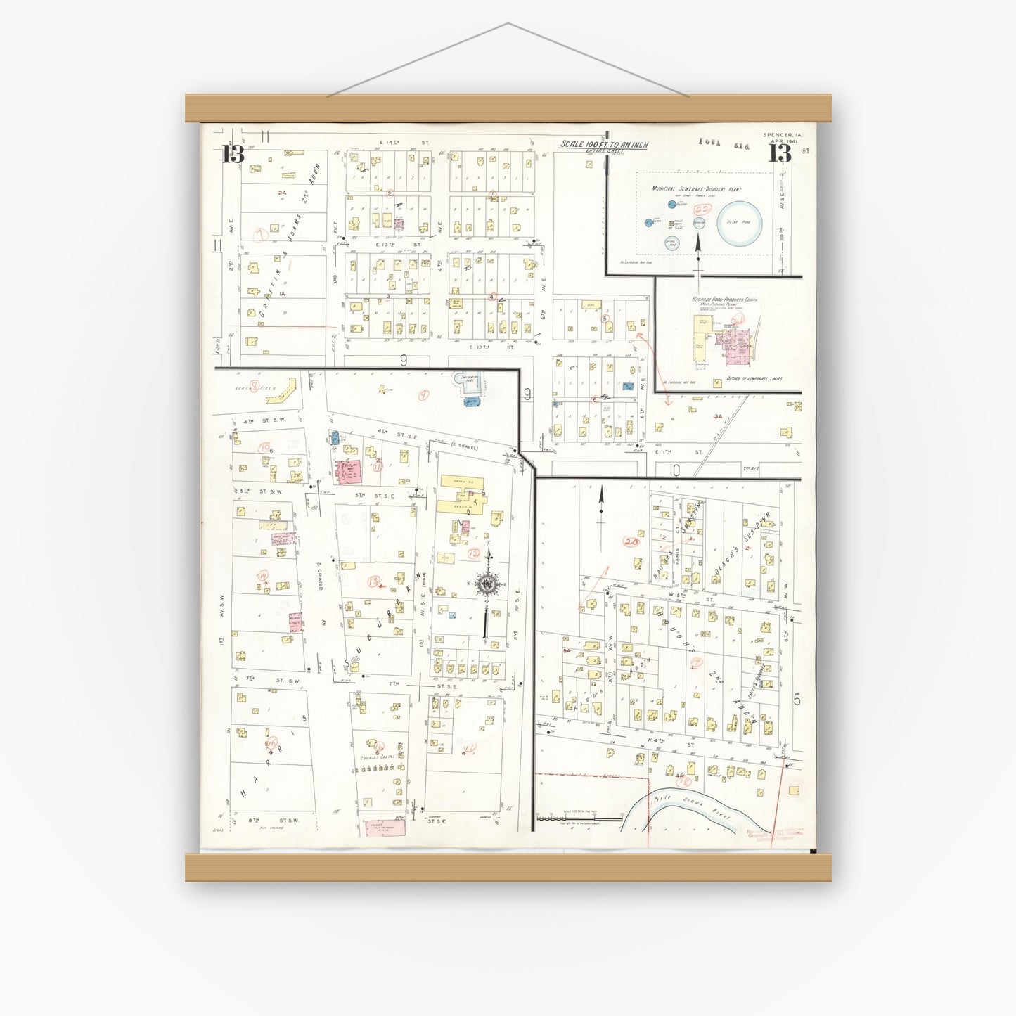 Old map wall art mockup — magnetic wood frame on white wall — Sanborn Fire Insurance Map from Spencer, Clay County, Iowa (1946), Sheet #0013