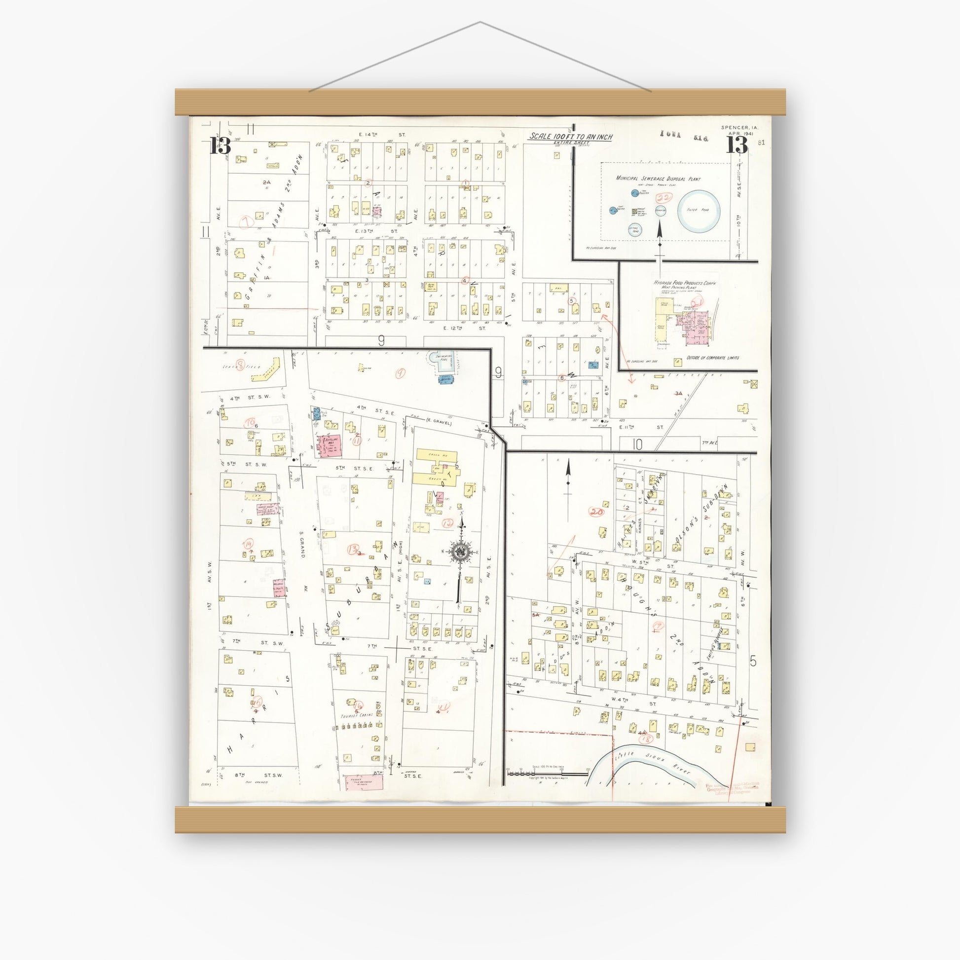 Old map wall art mockup — magnetic wood frame on white wall — Sanborn Fire Insurance Map from Spencer, Clay County, Iowa (1946), Sheet #0013