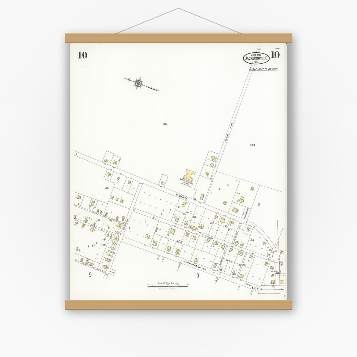 Old map wall art mockup — magnetic wood frame on white wall — Sanborn Fire Insurance Map from Jacksonville, Cherokee County, Texas (1923), Sheet #0010