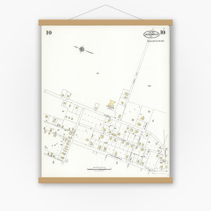 Old map wall art mockup — magnetic wood frame on white wall — Sanborn Fire Insurance Map from Jacksonville, Cherokee County, Texas (1923), Sheet #0010