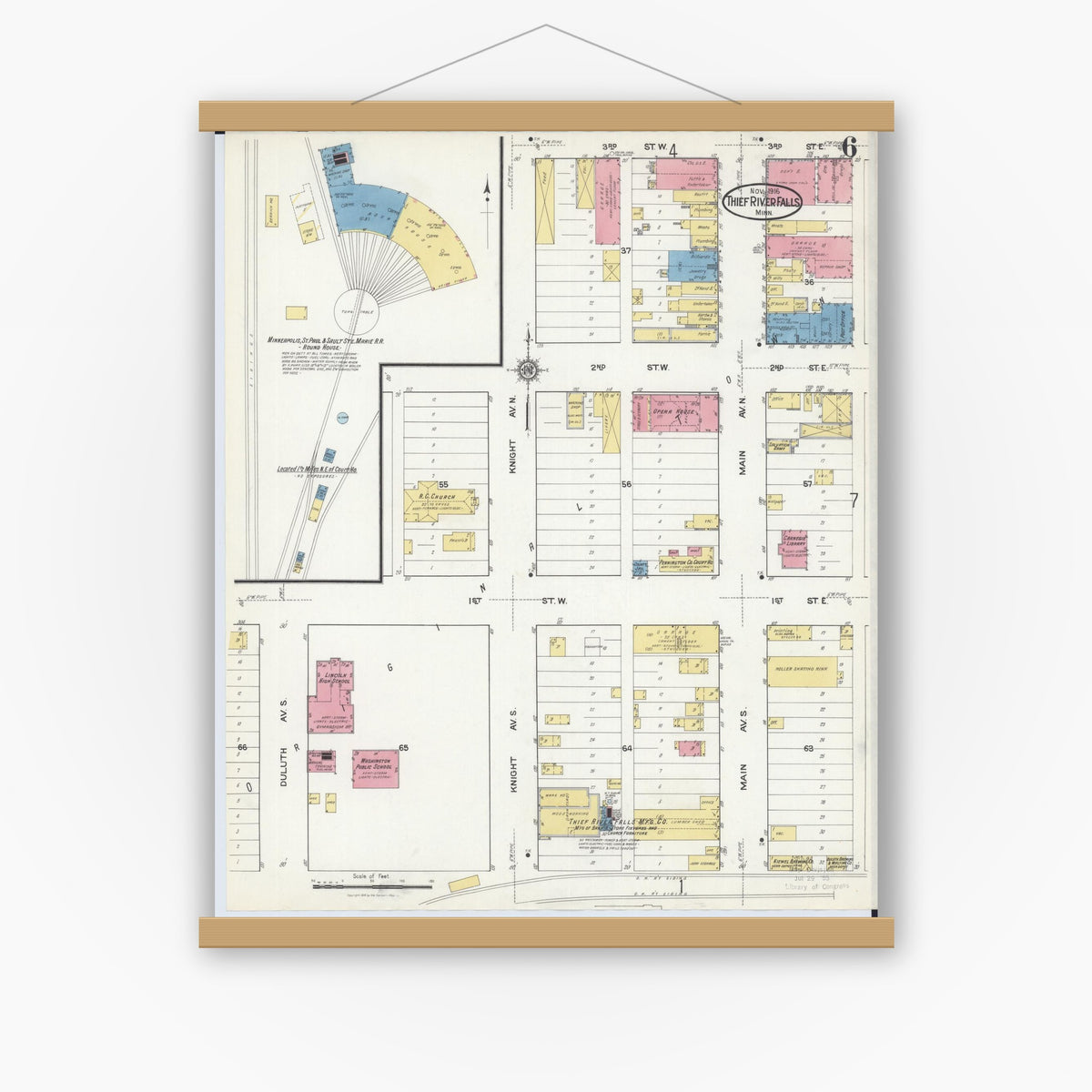Old map wall art mockup — magnetic wood frame on white wall — Sanborn Fire Insurance Map from Thief River Falls, Pennington County, Minnesota (1916), Sheet #0006