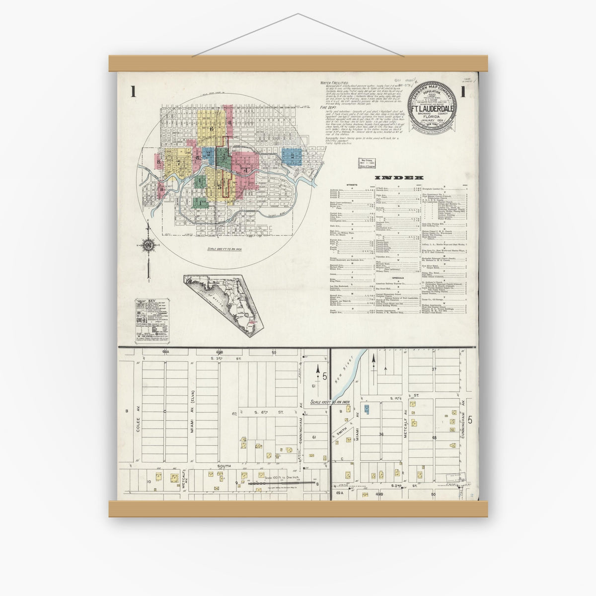 Old map wall art mockup — magnetic wood frame on white wall — Sanborn Fire Insurance Map from Fort Lauderdale, Broward County, Florida (1924) - Complete Map Set