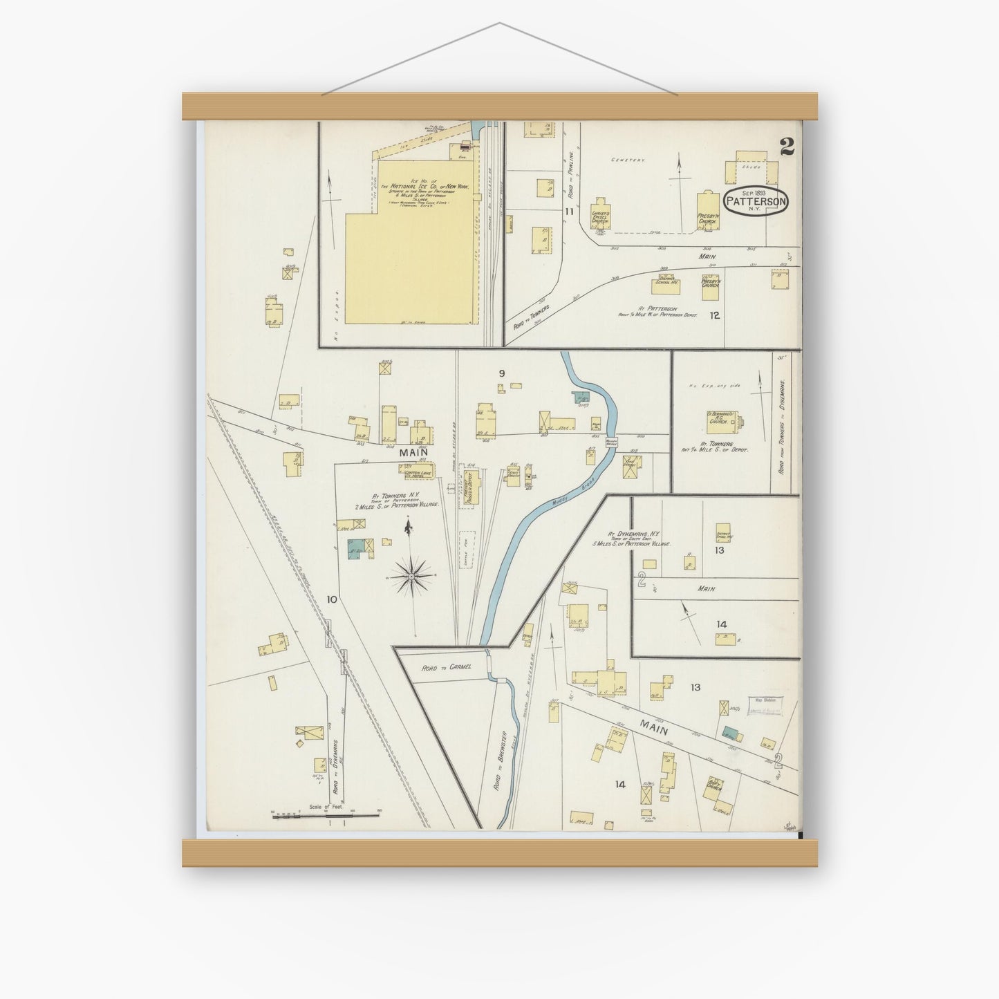 Old map wall art mockup — magnetic wood frame on white wall — Sanborn Fire Insurance Map from Patterson, Putnam County, New York (1893), Sheet #0002